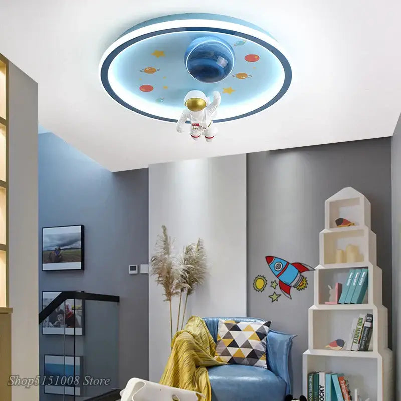 Decorbites astronaut led circular ceiling lights with blue glowing rim and astronaut figurine for kids room decor