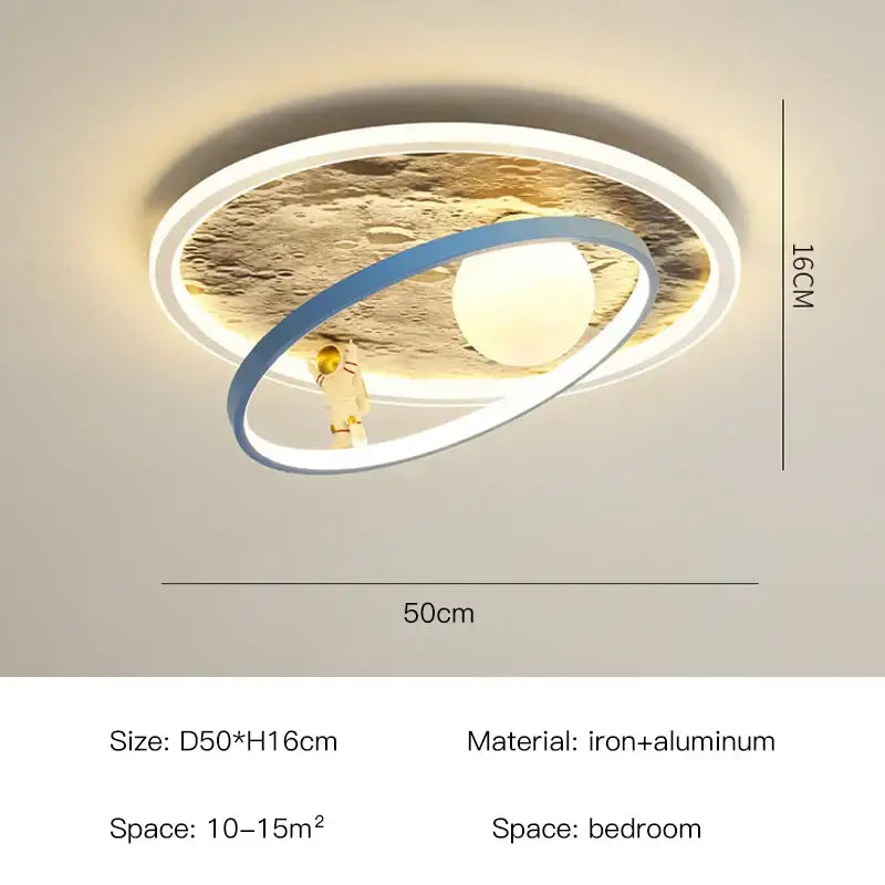 Modern circular decorbites astronaut led chandelier with moon textured center blue orbital ring and white led light for kids room