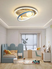 Circular decorbites astronaut led chandelier with blue ring and golden planet center for kids bedroom lighting