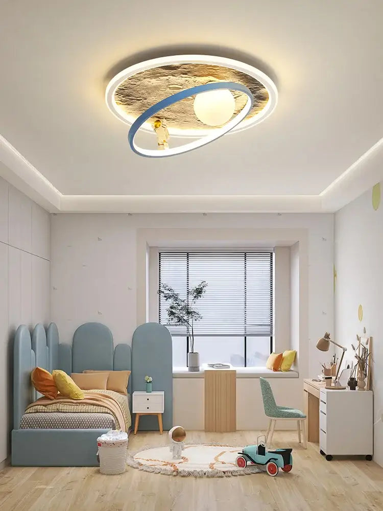 Circular decorbites astronaut led chandelier with blue ring and golden planet center for kids bedroom lighting