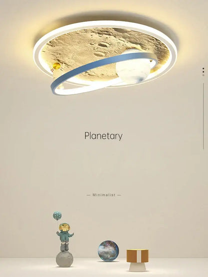 Circular decorbites astronaut led chandelier with moon textured surface soft white led rings and blue orbital band for kids room