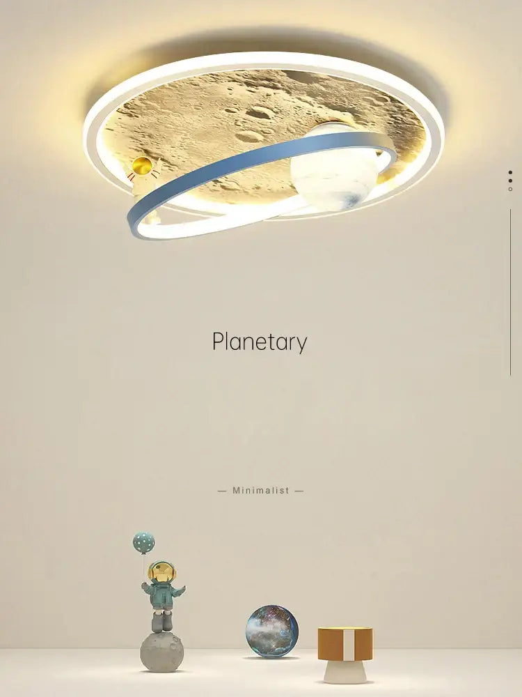 Circular decorbites astronaut led chandelier with moon textured surface soft white led rings and blue orbital band for kids room