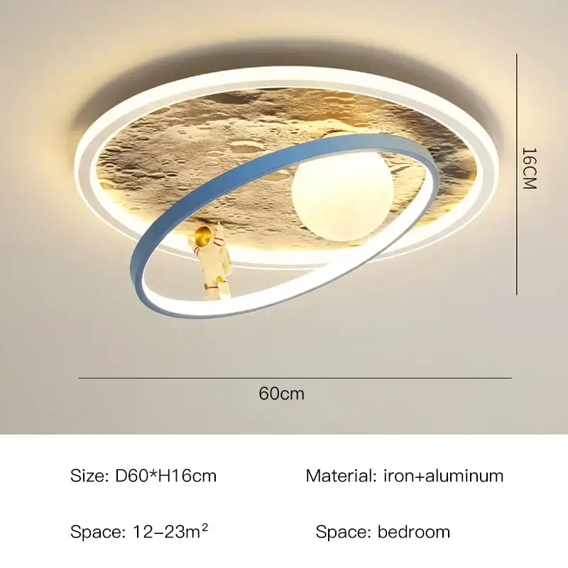 Decorbites astronaut led chandelier with white outer ring blue inner ring and textured moon center for kids bedroom