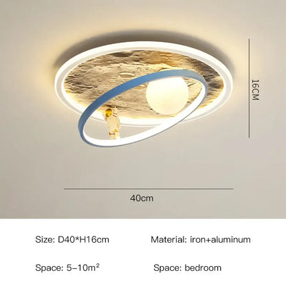 Modern decorbites astronaut led chandelier with metallic gold astronaut and planetary design encircled by blue and white rings