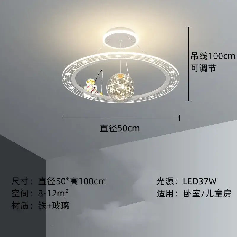 A modern decorbites astronaut led chandelier with white metallic frame and glass globe for children’s room lighting
