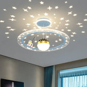 Decorbites astronaut led chandelier with gold and blue rings and glowing bulb featuring astronaut figurine fishing