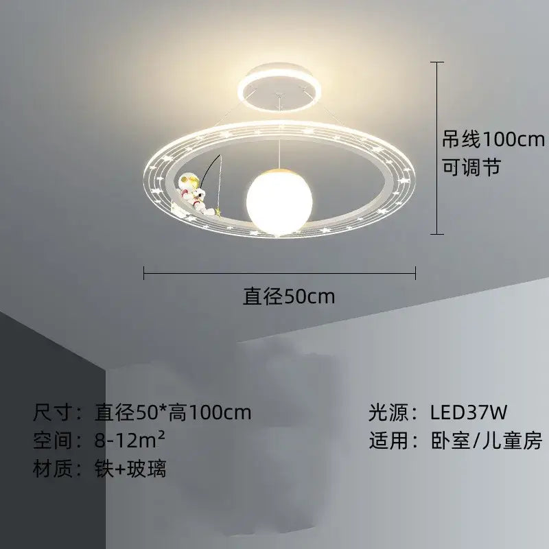 White iron and glass decorbites astronaut led chandelier with fishing astronaut motif and stars for children’s room ceiling