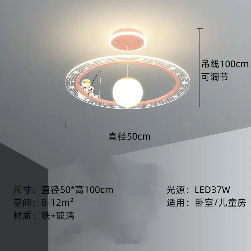 Decorbites astronaut led chandelier featuring a pink and white iron and glass orbital ring with fishing cartoon design