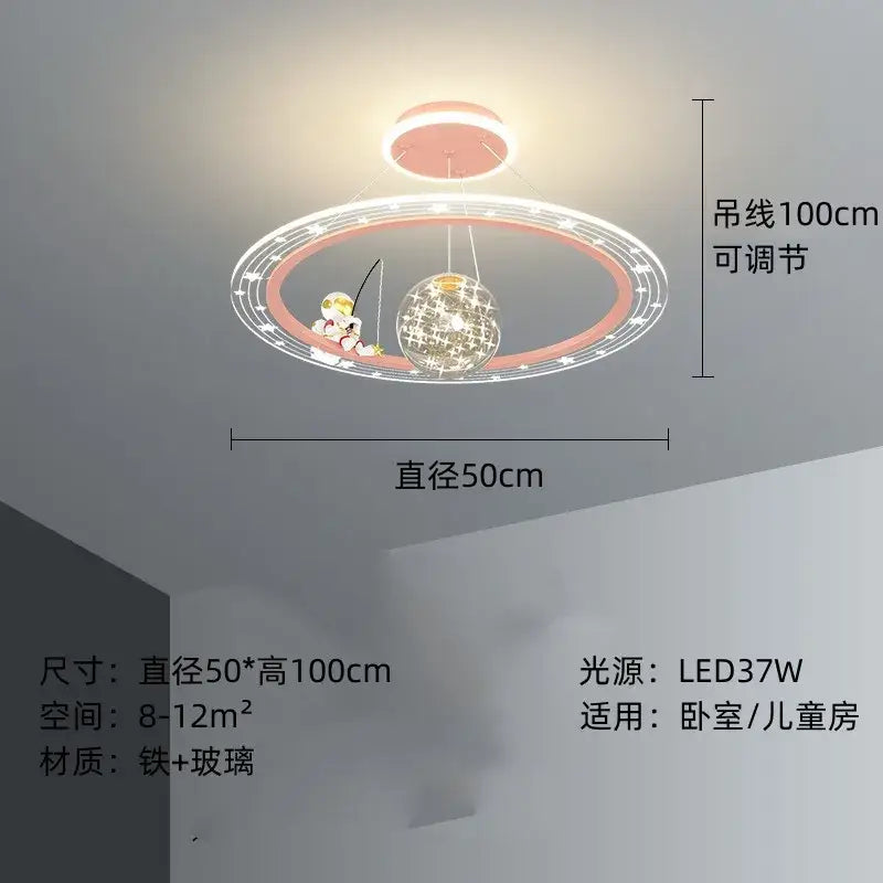 Decorbites astronaut led chandelier pink and white ceiling light with cartoon astronaut fishing and sparkling globe pendant