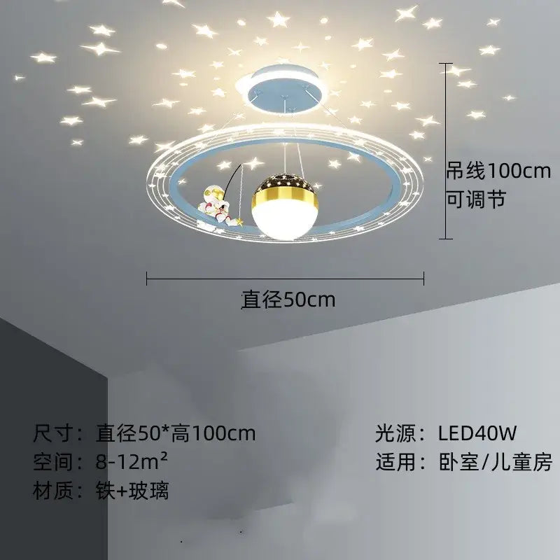 Whimsical blue and gold decorbites astronaut led chandelier with cartoon astronaut fishing and star-shaped led lighting patterns