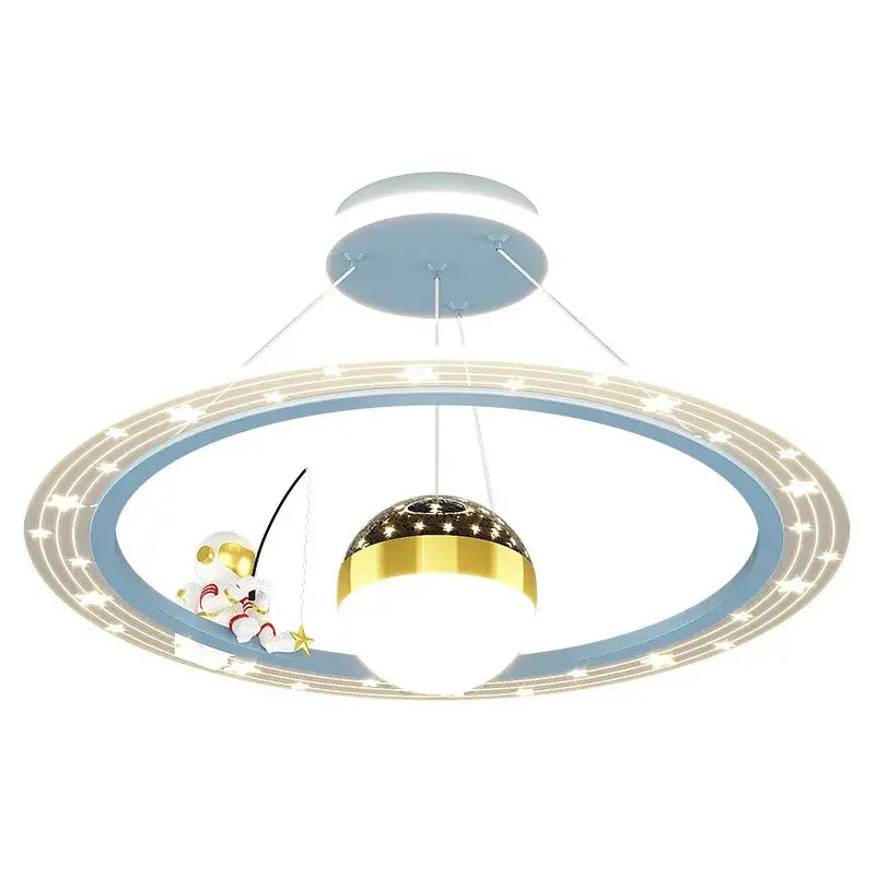 DecorBites astronaut led chandelier in blue and gold with glowing ring star accents and astronaut figurine for children’s room