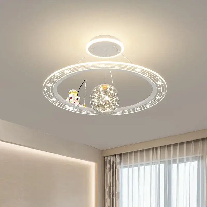 DecorBites astronaut led chandelier with modern circular white ring and star-shaped leds for children’s room lighting