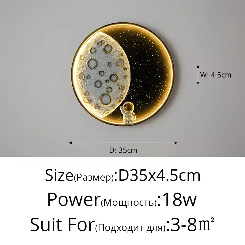 Decorbites™ astronaut led wall lamp featuring a resin moon surface with craters glowing golden rim and starry background
