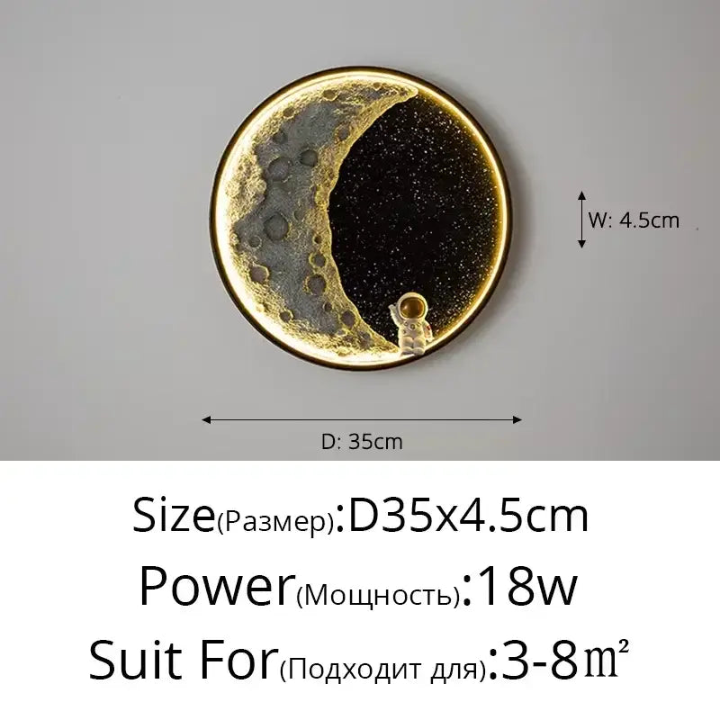 Decorbites™ astronaut led wall lamp with crescent moon design, textured resin, dark starry background, and small astronaut figurine