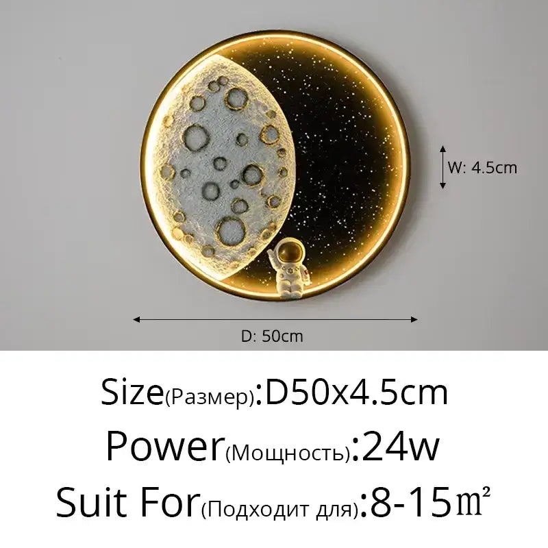 DecorBites™ astronaut led wall lamp with gold-rimmed resin moon surface and starry sky featuring astronaut figurine