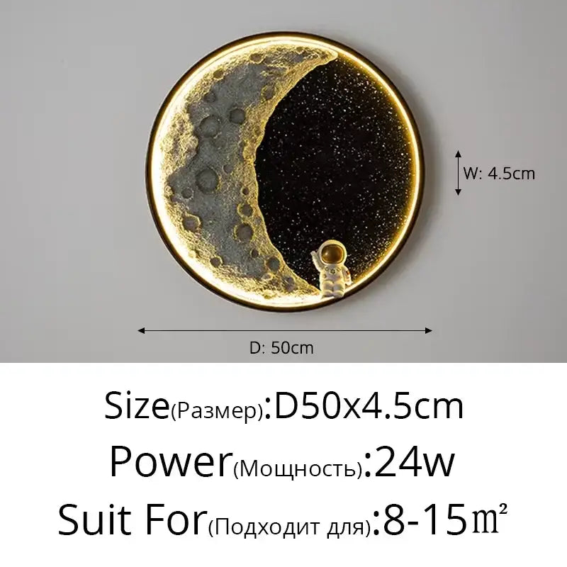 Decorbites™ astronaut led wall lamp featuring a metallic gold crescent moon and starry black resin led wall light