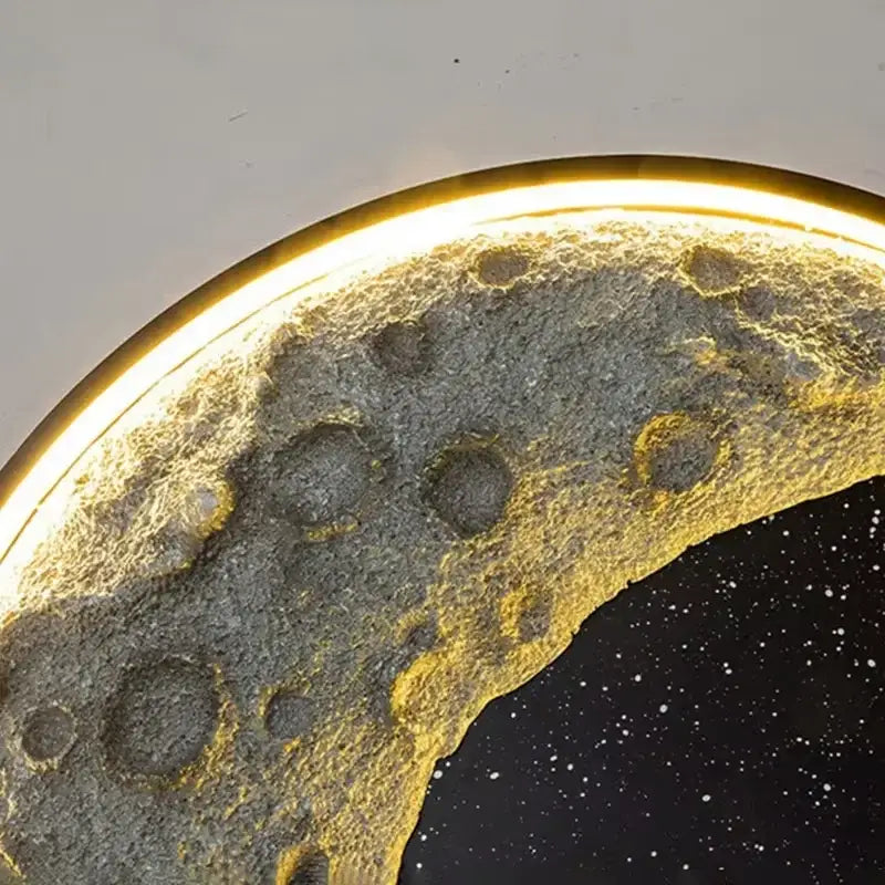 Decorbites™ astronaut led wall lamp crescent moon shape gray resin with realistic craters and warm golden glow lighting