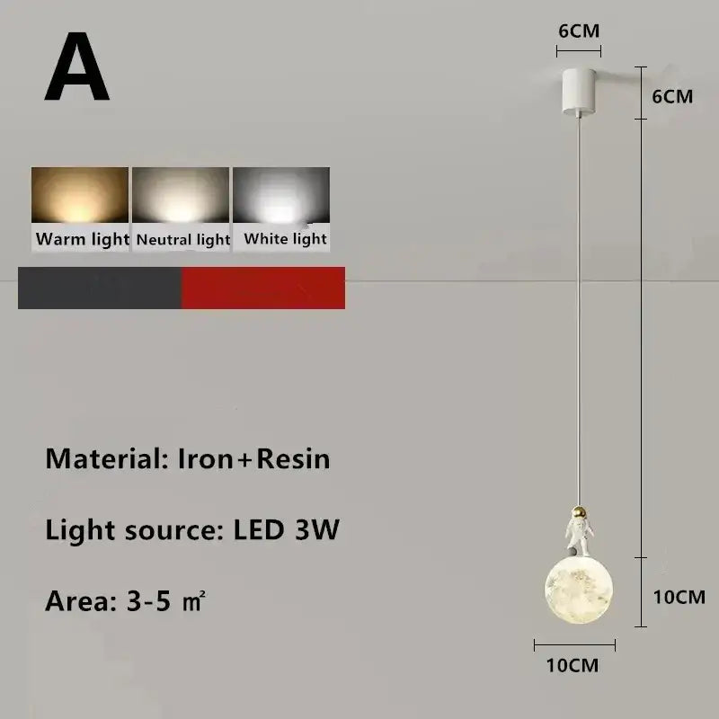 A white astronaut figurine stands atop a spherical iron and resin decorbites astronaut lunar pendant light with led bulb