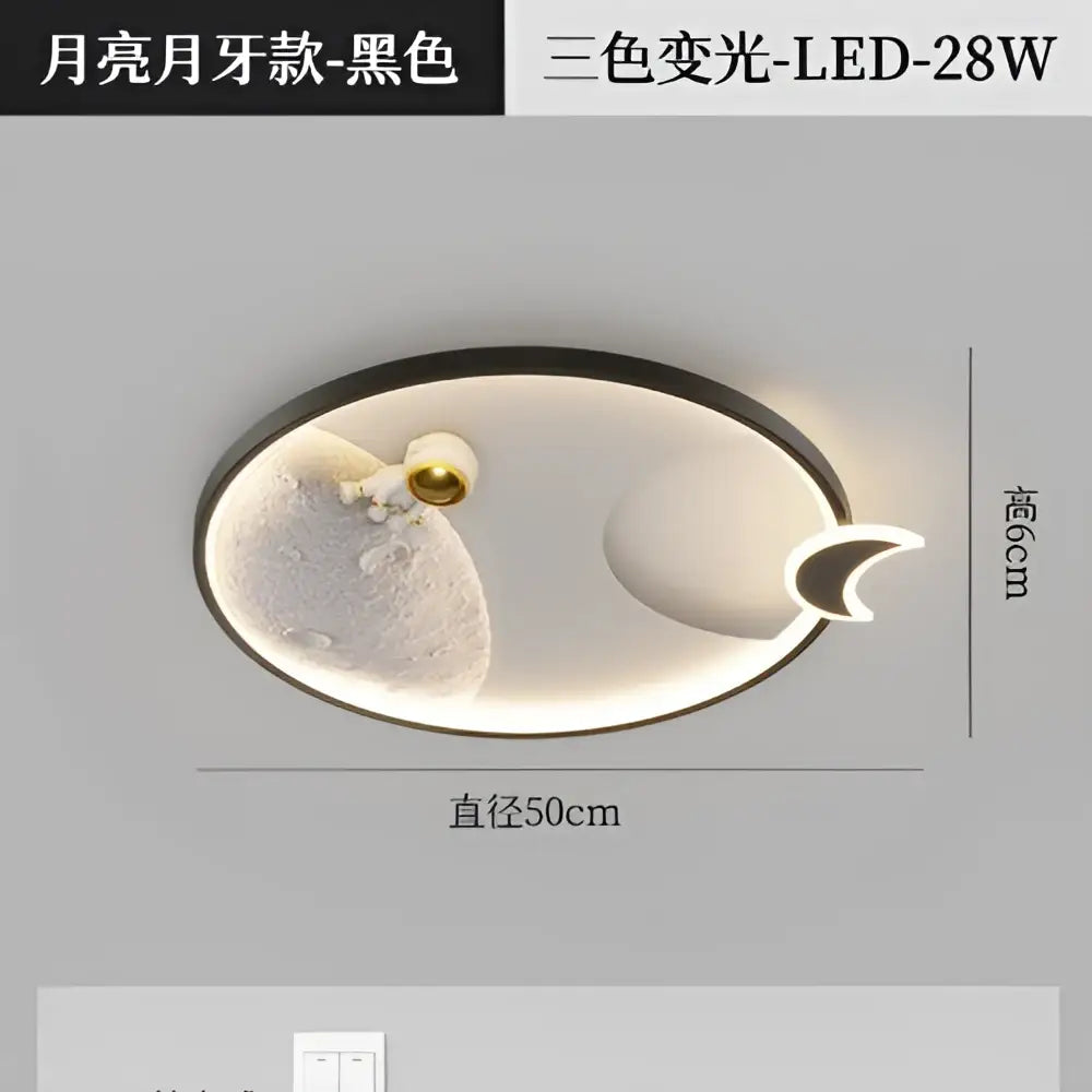 Black oval-shaped decorbites astronaut moon acrylic ceiling lamp with moon crescent design and three-color led lighting