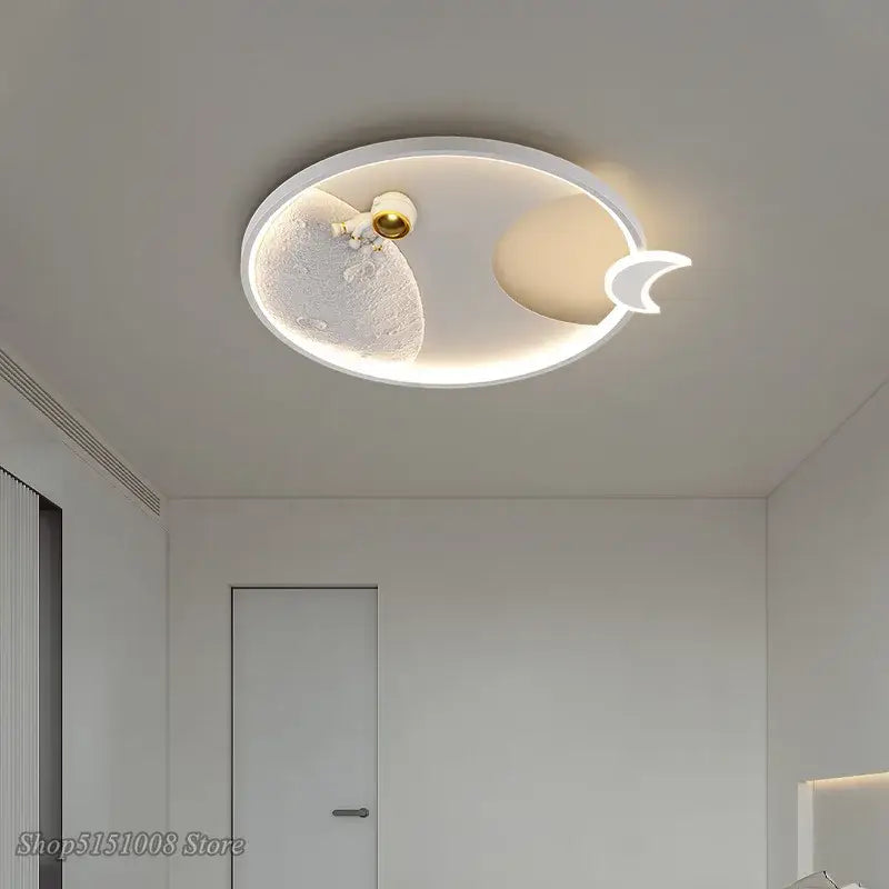 Modern white ceiling lamp with textured moon crescent design and gold accents decorbites astronaut moon acrylic