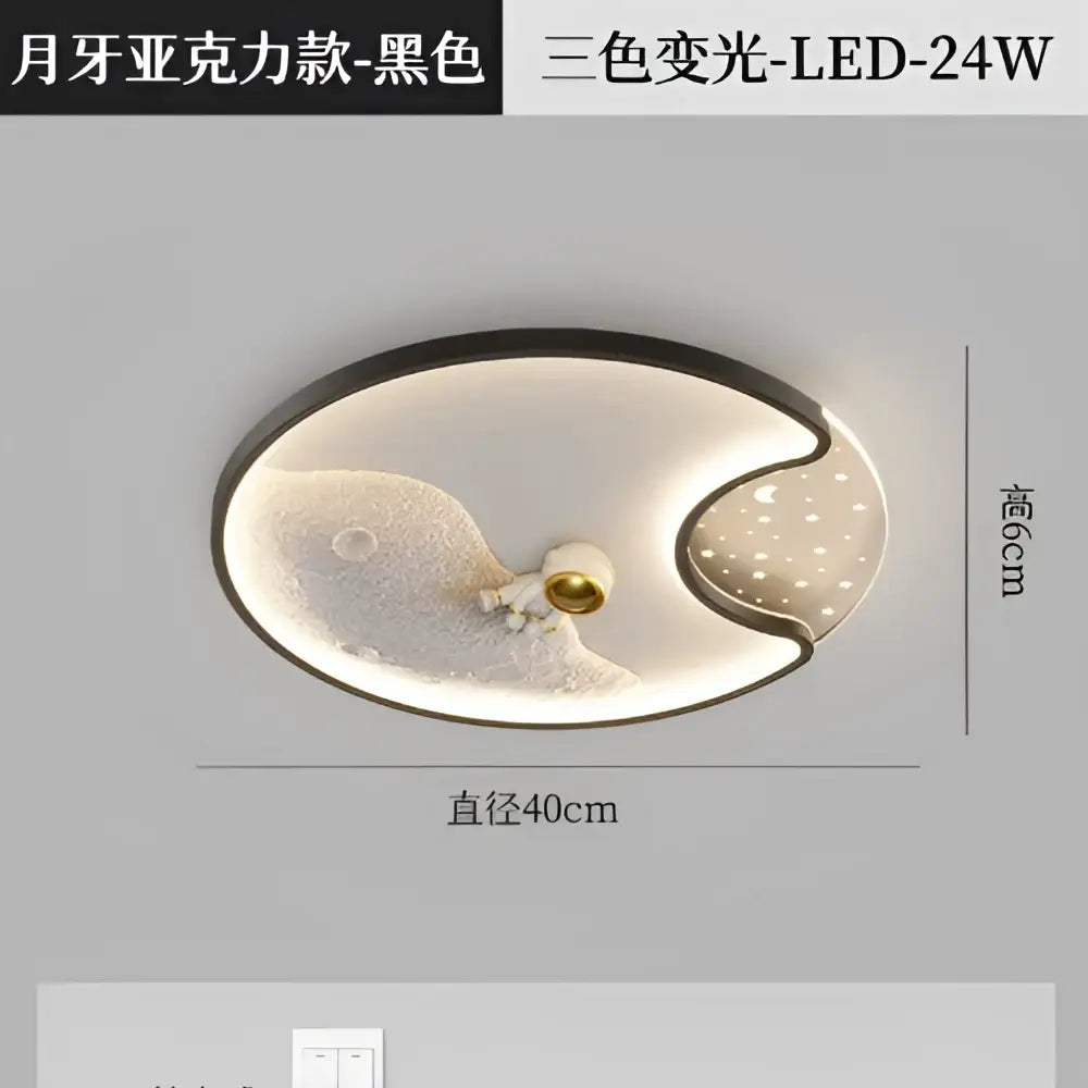 Black mooncake-shaped DecorBites astronaut moon acrylic ceiling lamp with textured frosted glass and three-color illumination