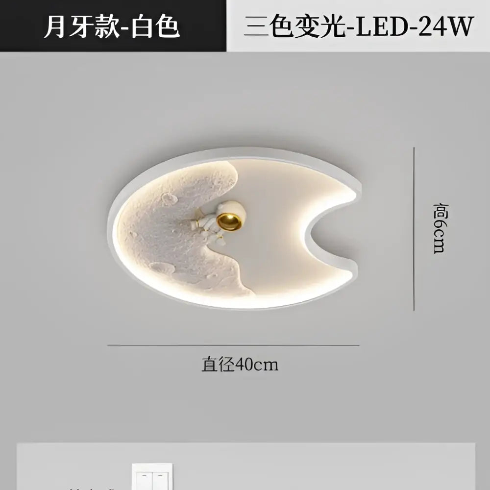 White moon-shaped decorbites astronaut moon acrylic ceiling lamp with textured cratered surface and gold-toned bulb