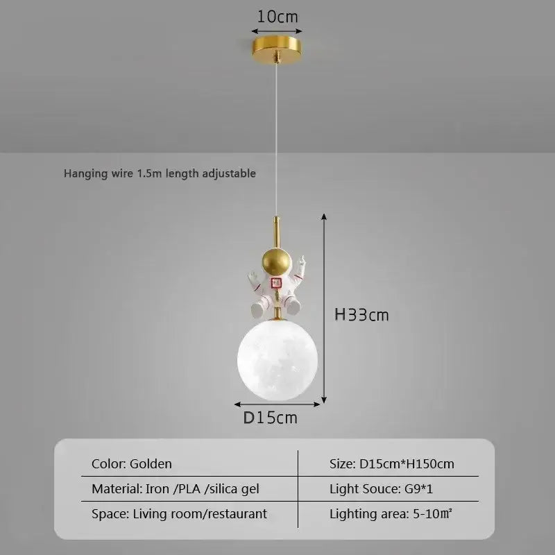 Golden decorbites astronaut pendant light with spherical moon glass globe and metallic iron frame for childrens room