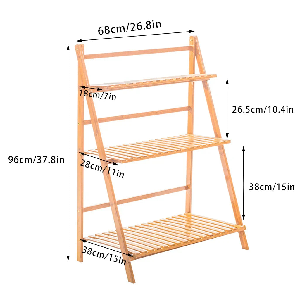 DecorBites™ bamboo 3 tier light brown shelf stand with slatted shelves and folding a-frame design for plant pots