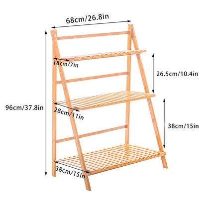 DecorBites™ bamboo 3 tier light brown shelf stand with slatted shelves and folding a-frame design for plant pots