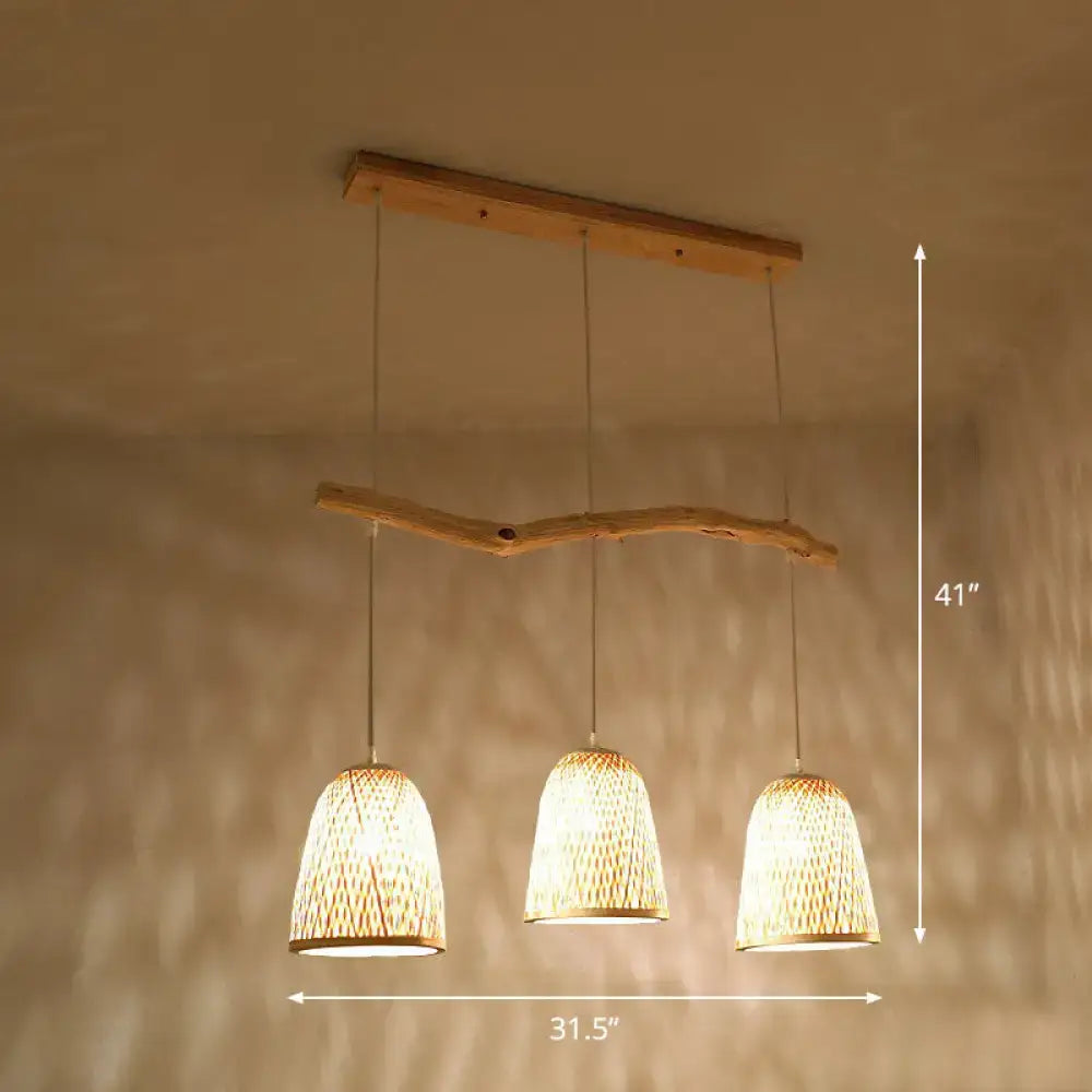 Decorbites bamboo bell shade pendant light with three warm textured wood and woven bamboo shades for tea room lighting