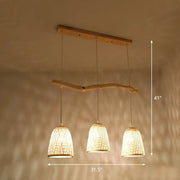 Decorbites bamboo bell shade pendant light with three warm textured wood and woven bamboo shades for tea room lighting
