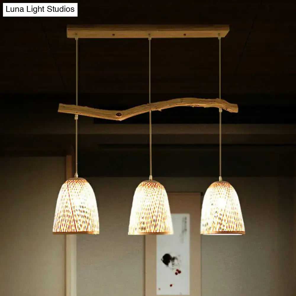 Decorbites bamboo bell shade pendant light with three woven bamboo bell shades and natural wood finish