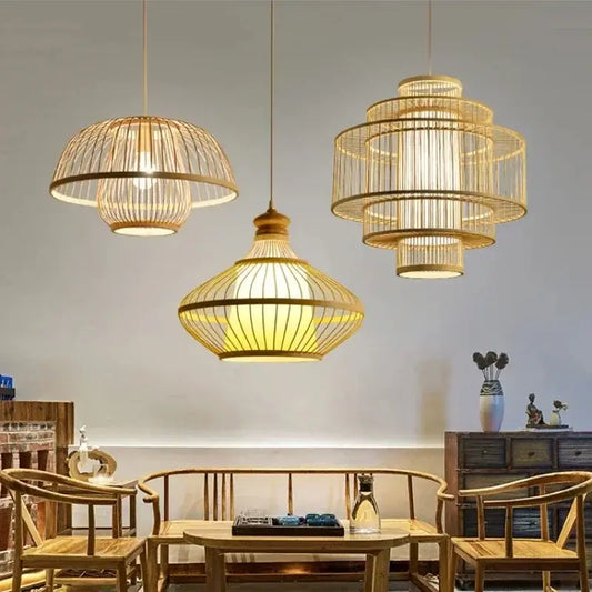 Three elegant decorbites bamboo ceiling chandelier pendant lights with warm glow and intricate woven design for garden use