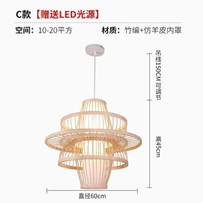Decorbites bamboo ceiling chandelier tiered light beige bamboo pendant lamp with faux leather lining and adjustable cord