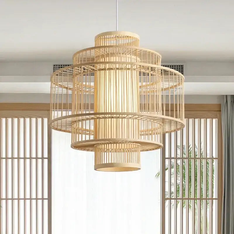 Decorbites bamboo ceiling chandelier featuring natural-toned tiered concentric rings and vertical slats for garden use