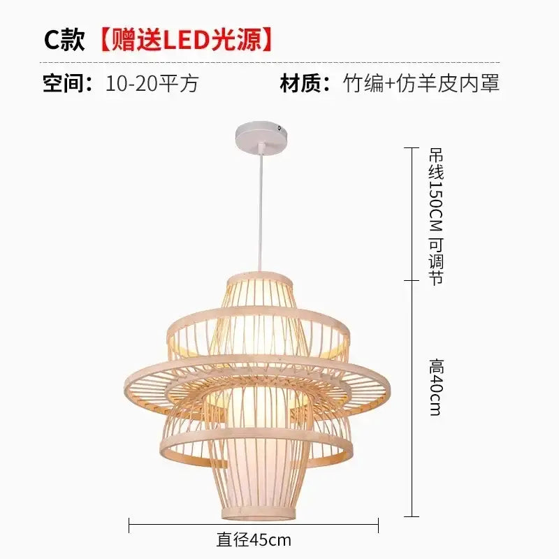 A tiered light beige bamboo ceiling chandelier with faux leather inner shade by Decorbites for garden decor