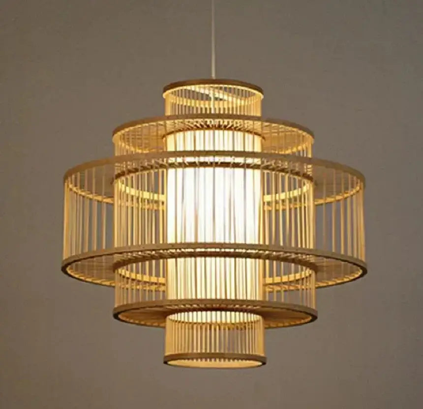 A natural-toned decorbites bamboo ceiling chandelier with tiered concentric circular frames and vertical slats for garden use