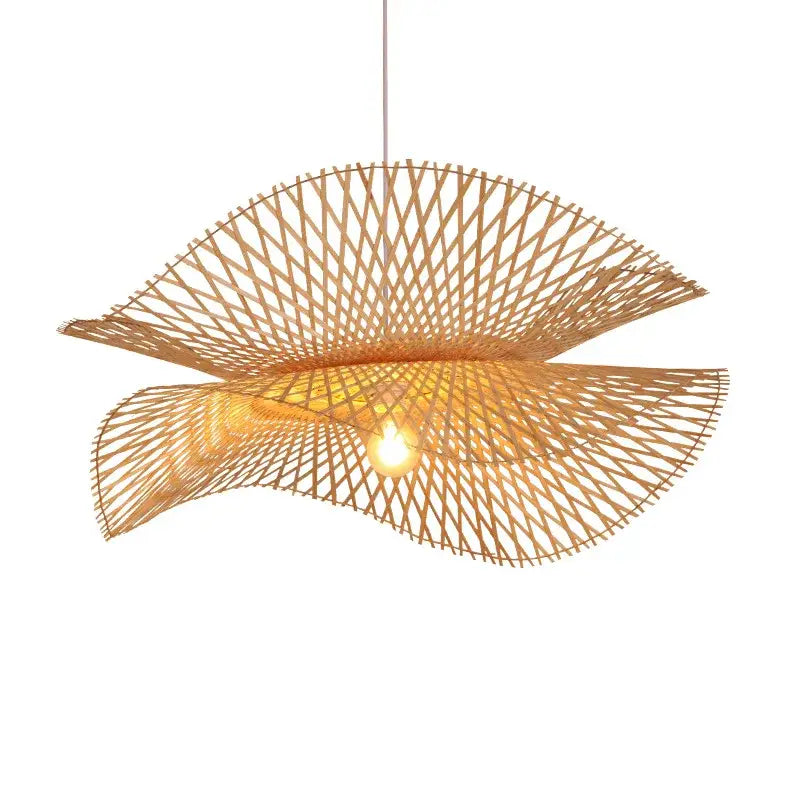 A warm-toned decorbites bamboo chandelier with fan-like layered woven design for kitchen pendant lighting