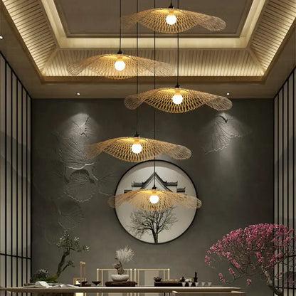 Elegant decorbites bamboo chandelier woven pendant lights with warm glowing bulbs for kitchen lighting