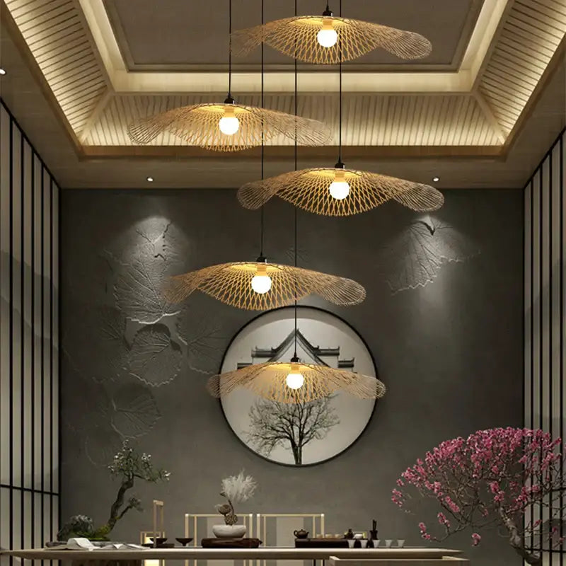 Elegant decorbites bamboo chandelier woven pendant lights with warm glowing bulbs for kitchen lighting