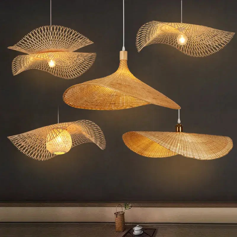 Five elegant golden brown woven bamboo chandelier fan design pendant lights by decorbites hanging from ceiling