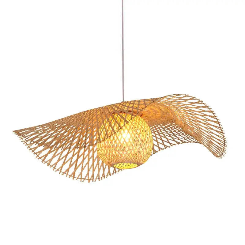 Decorbites bamboo chandelier warm-toned woven pendant light with fan-shaped shade and illuminated center for kitchen use