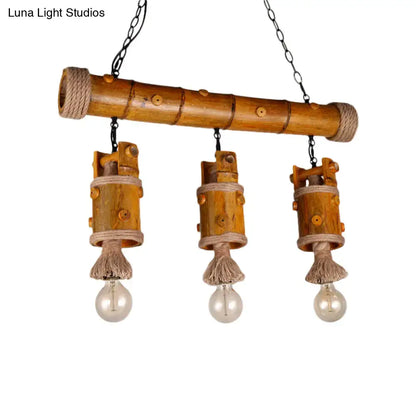 Natural bamboo chinese bucket pendant lamp with three rustic rope-wrapped fixtures and exposed bulbs in brown