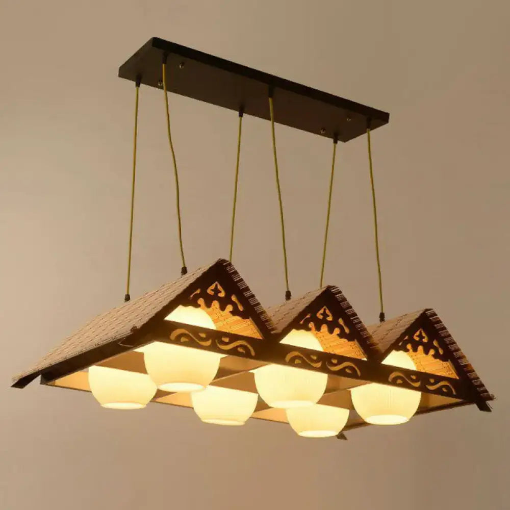 Decorbites™ bamboo pendant light with dark wooden triangular roof shades and frosted glass bowls for triangle roof restaurant