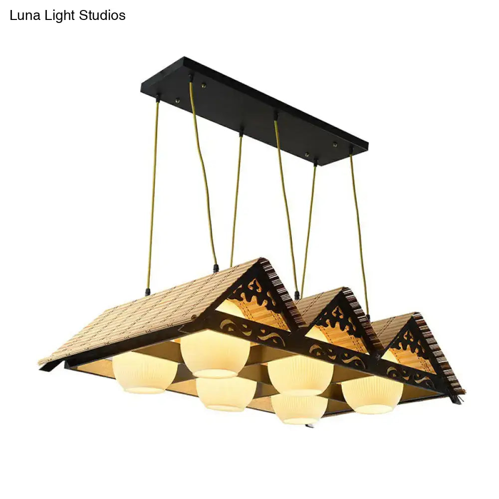 DecorBites bamboo and black pendant light with six warm glass bulbs for triangle roof restaurant lighting
