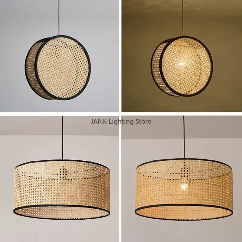 Decorbites bamboo core rattan chandelier kitchen pendant light with natural woven rattan black trim and warm glow interior