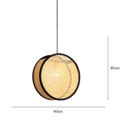 Decorbites bamboo core rattan cylindrical pendant light with woven natural shade and black metal frame illuminated interior