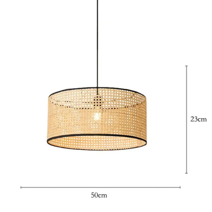 Decorbites bamboo core rattan chandelier pendant light with woven natural rattan shade and black metal trim