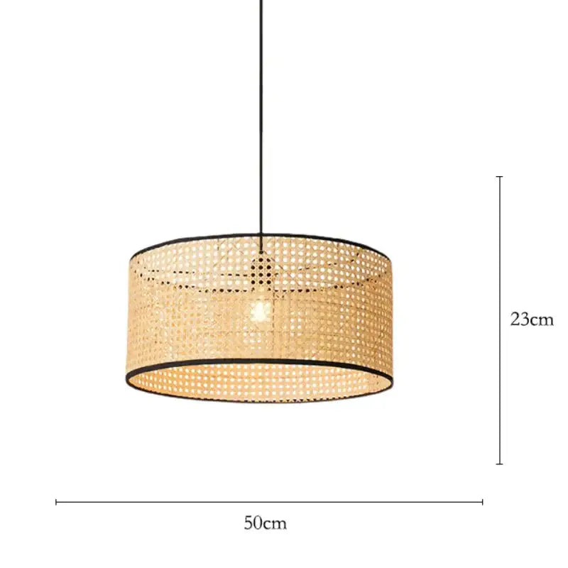 Decorbites bamboo core rattan chandelier pendant light with woven natural rattan shade and black metal trim