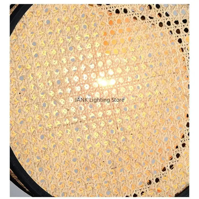 Beige woven rattan lampshade with geometric pattern and circular cutouts for decorbites bamboo core rattan chandelier
